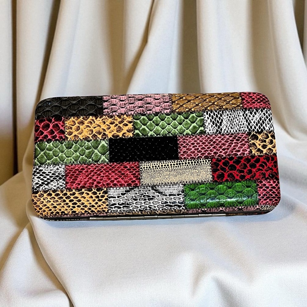 COLOR BLOCK PATCHWORK FAUX LEATHER FRAME WALLET SNAKESKIN CROC PRINT MULTICOLOR